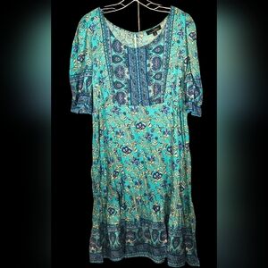 Suzanne Betro Aqua/Violet/Yellow Paisley Floral Ruffle Boho Peasant Dress-1X